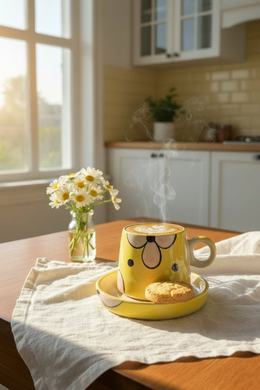 Sunny Blossom Ceramic Mug & Saucer Set – Handcrafted Floral Collection