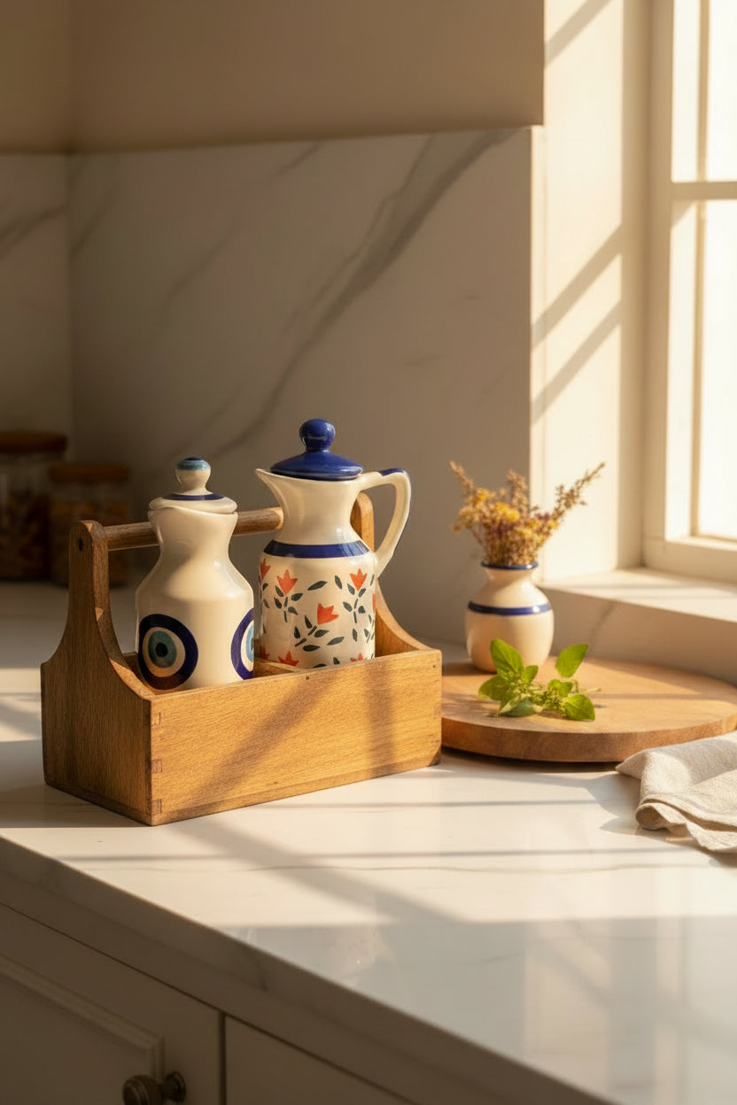 Evil Eye & Blue Floral Handcrafted Ceramic Oil Dispenser – 350 mL