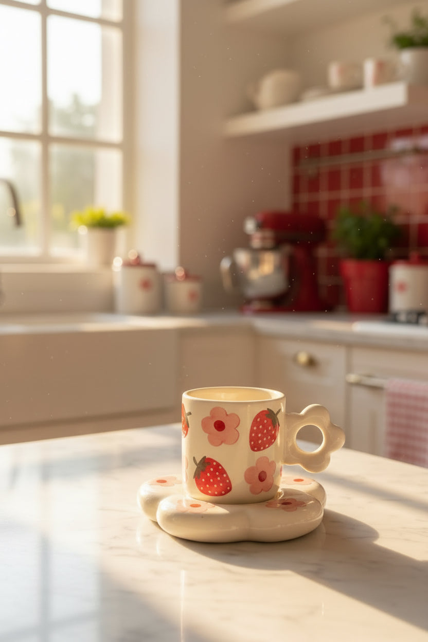 Bloom & Berry Ceramic Mug with Floral Saucer – 300 mL