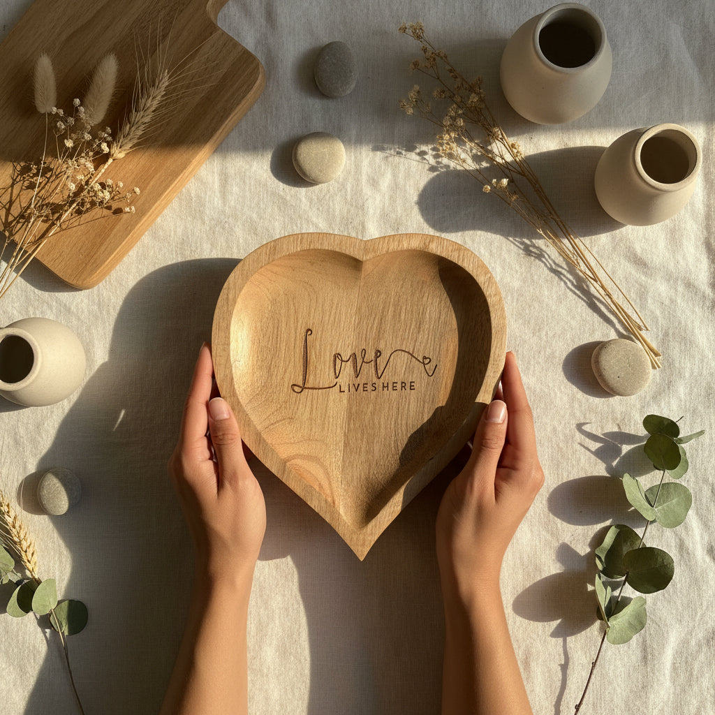 Love Lives Here – Heart Shaped Wooden Tray tray ( set of 1)