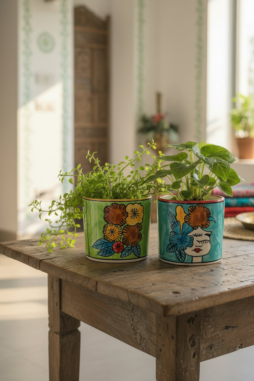 Hand-Painted Floral Girl Ceramic Multipurpose Holder | Planter, Vase & Organizer | 5 x 4 Inch | My Crockery Shop