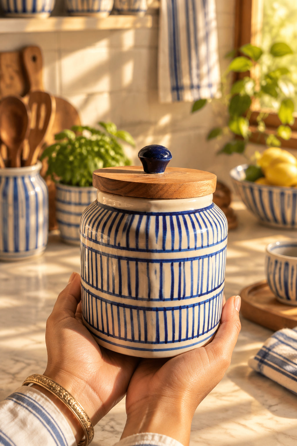 Blue Stripe Ceramic Jar with Wooden Lid – 500 mL 💙(Set of 1)