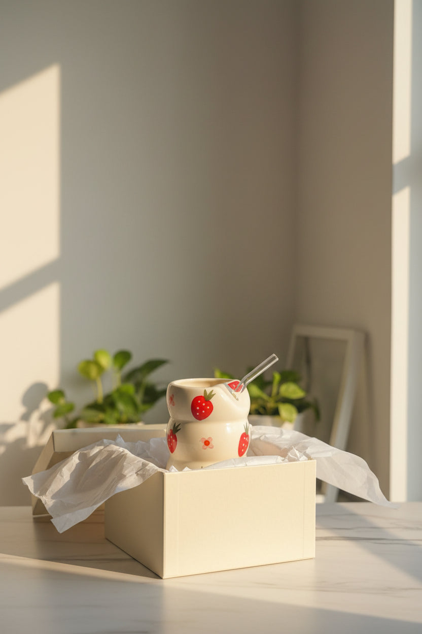Strawberry Swirl Hand-Painted Ceramic Sipper with Glass Straw | 300 mL