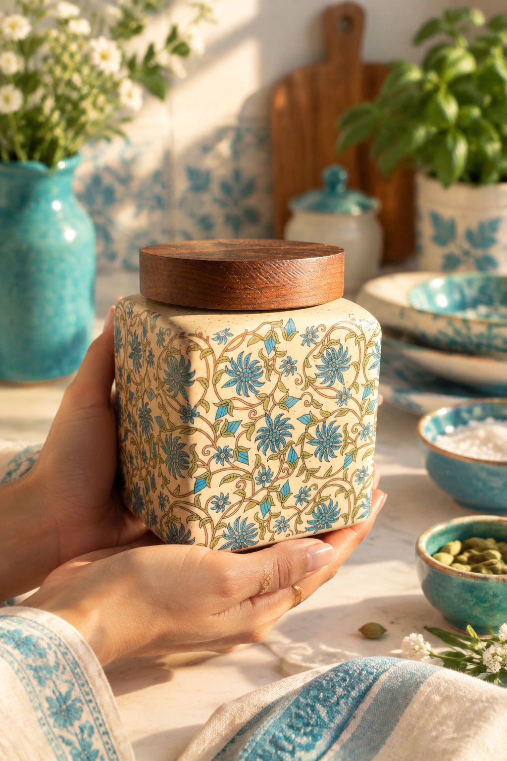 Blue Floral Carpet Ceramic Jar with Wooden Lid – 500 mL 💙

(Set of 1)