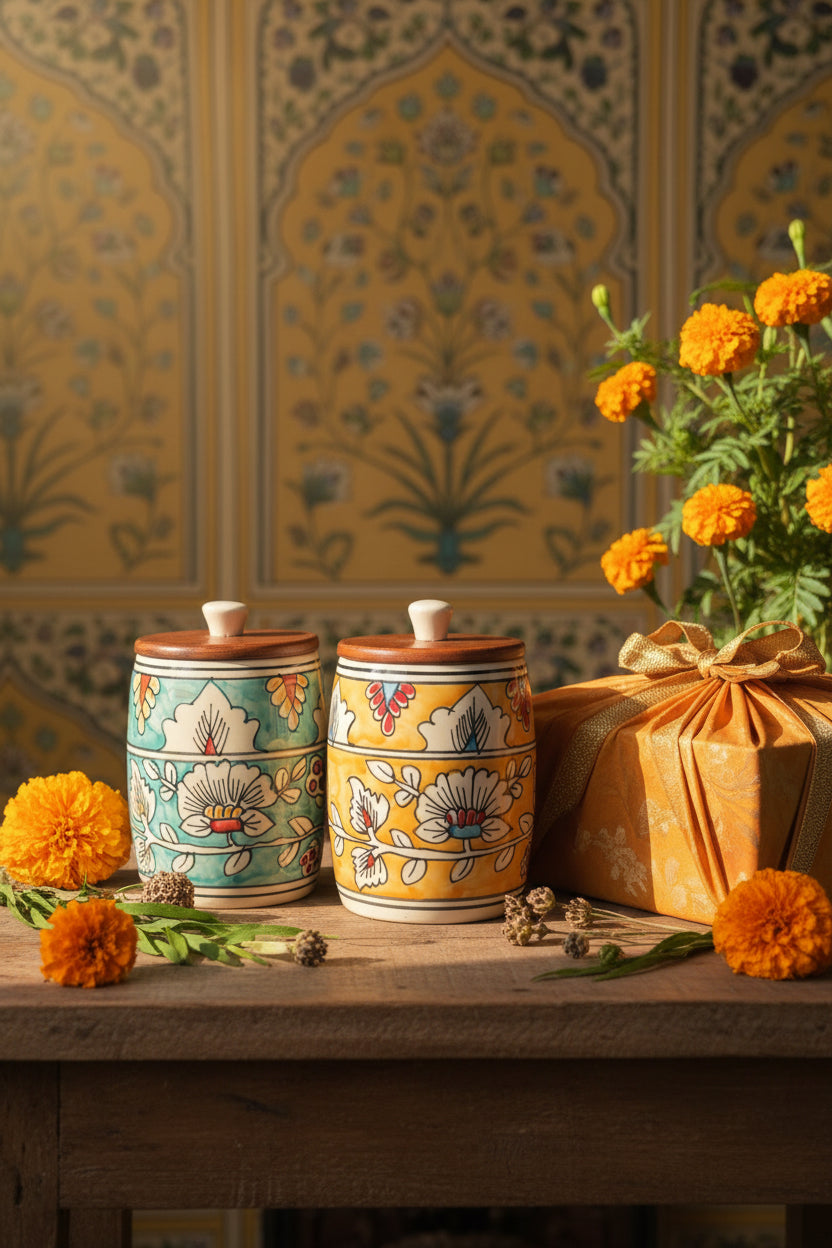 Premium Floral Ceramic Airtight Storage Jar – 900 mL | Wooden Airtight Lid | Handcrafted Kitchen Storage