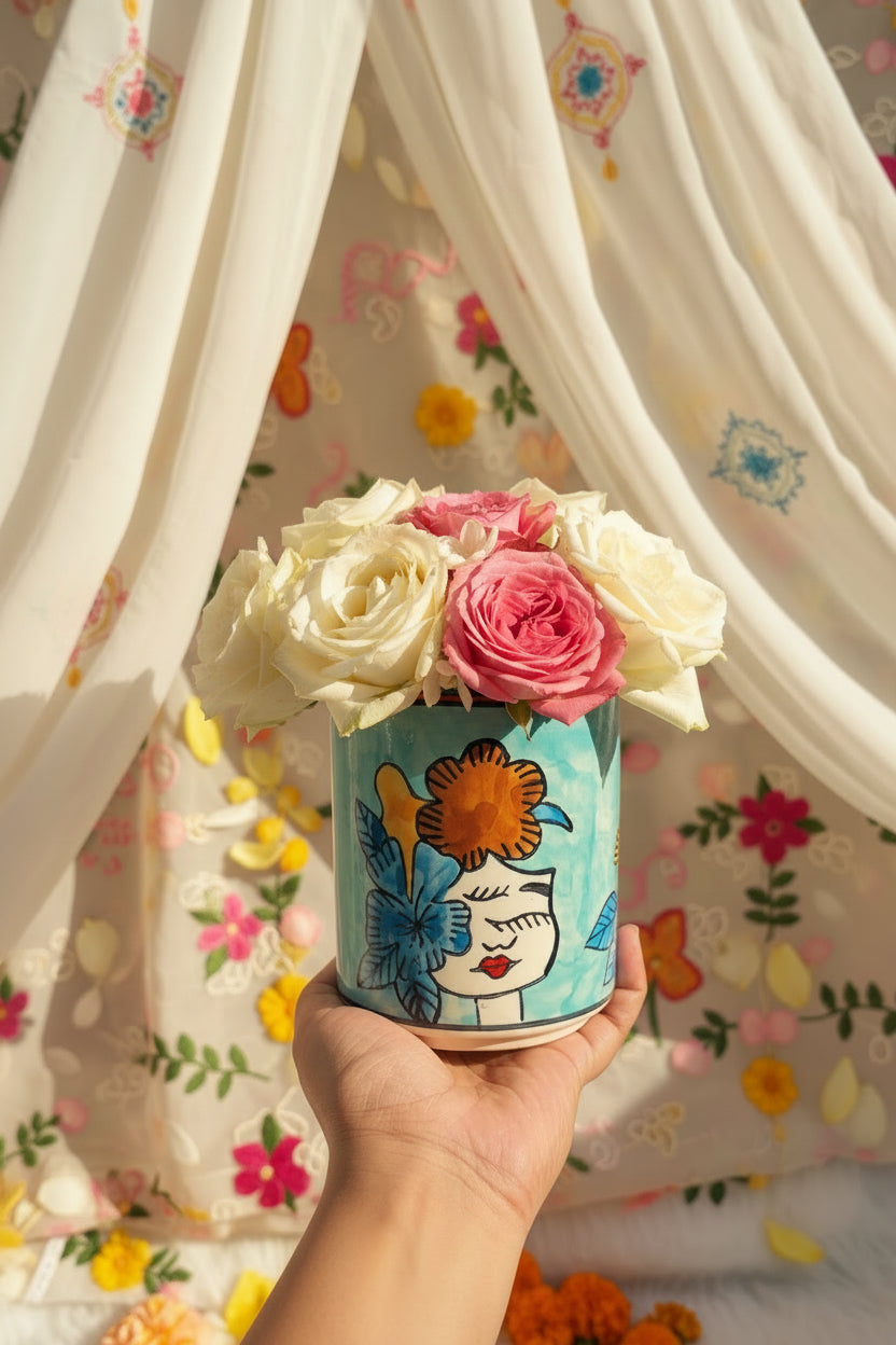 Hand-Painted Floral Girl Ceramic Holder | Multipurpose Planter, Vase & Organizer | 6 x 5 Inch | My Crockery Shop