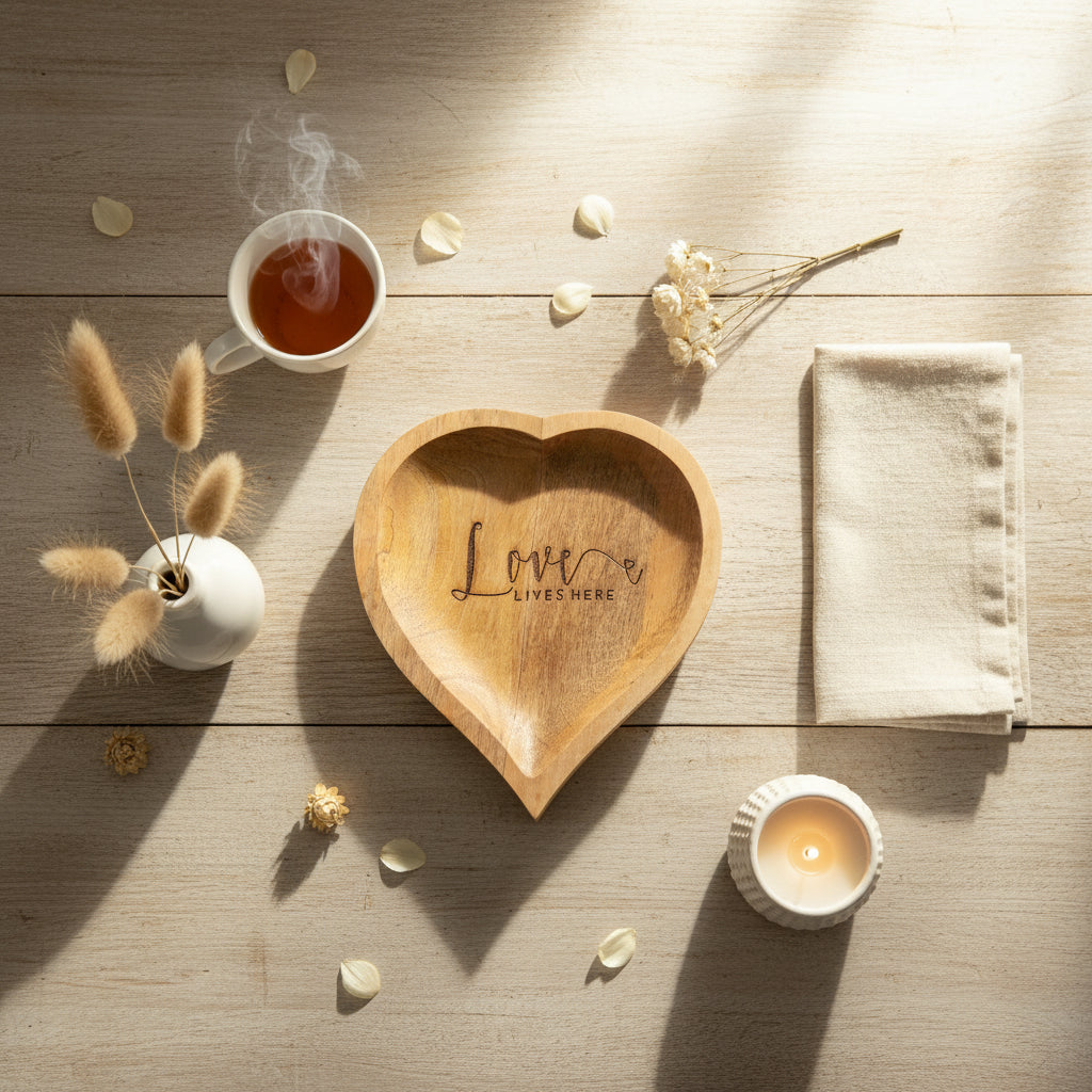 Love Lives Here – Heart Shaped Wooden Tray tray ( set of 1)