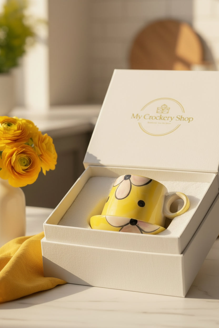 Sunny Blossom Ceramic Mug & Saucer Set – Handcrafted Floral Collection