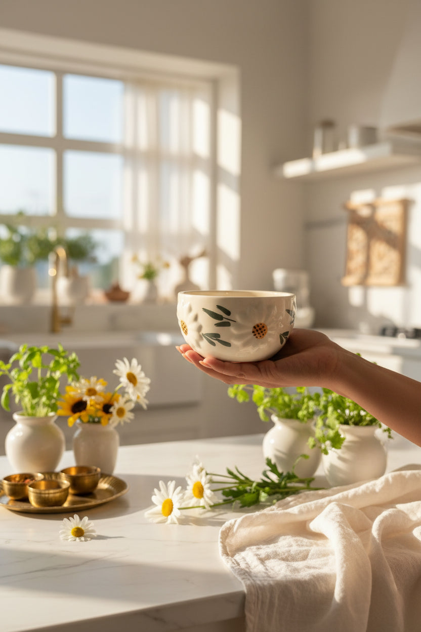 The "Blossom Ritual" Handcrafted Daisy Mug, Bowl & Plate Set