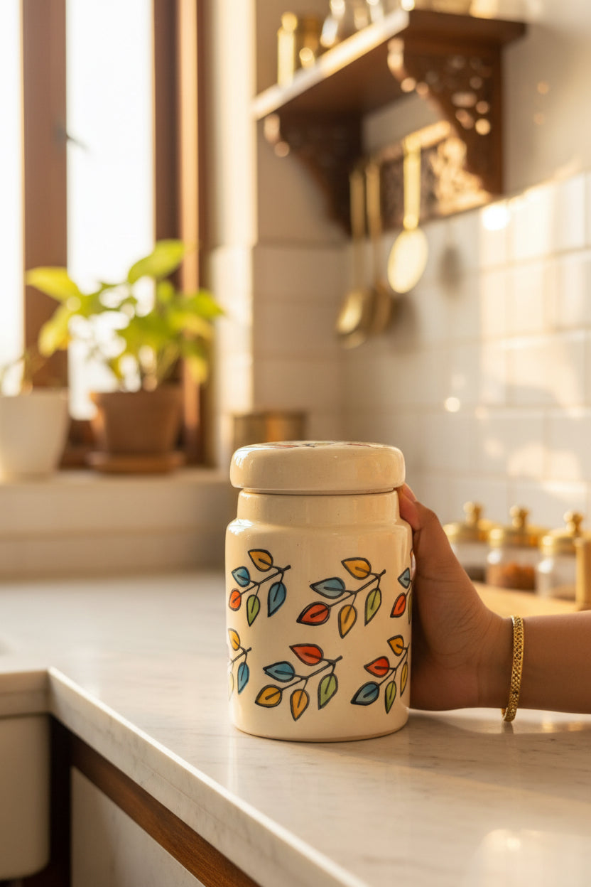 Hand-Painted Multi-Color Leaf Ceramic Jar with Lid (500mL) – Eco-Friendly Handcrafted Kitchen Storage Jar (5" x 4")
