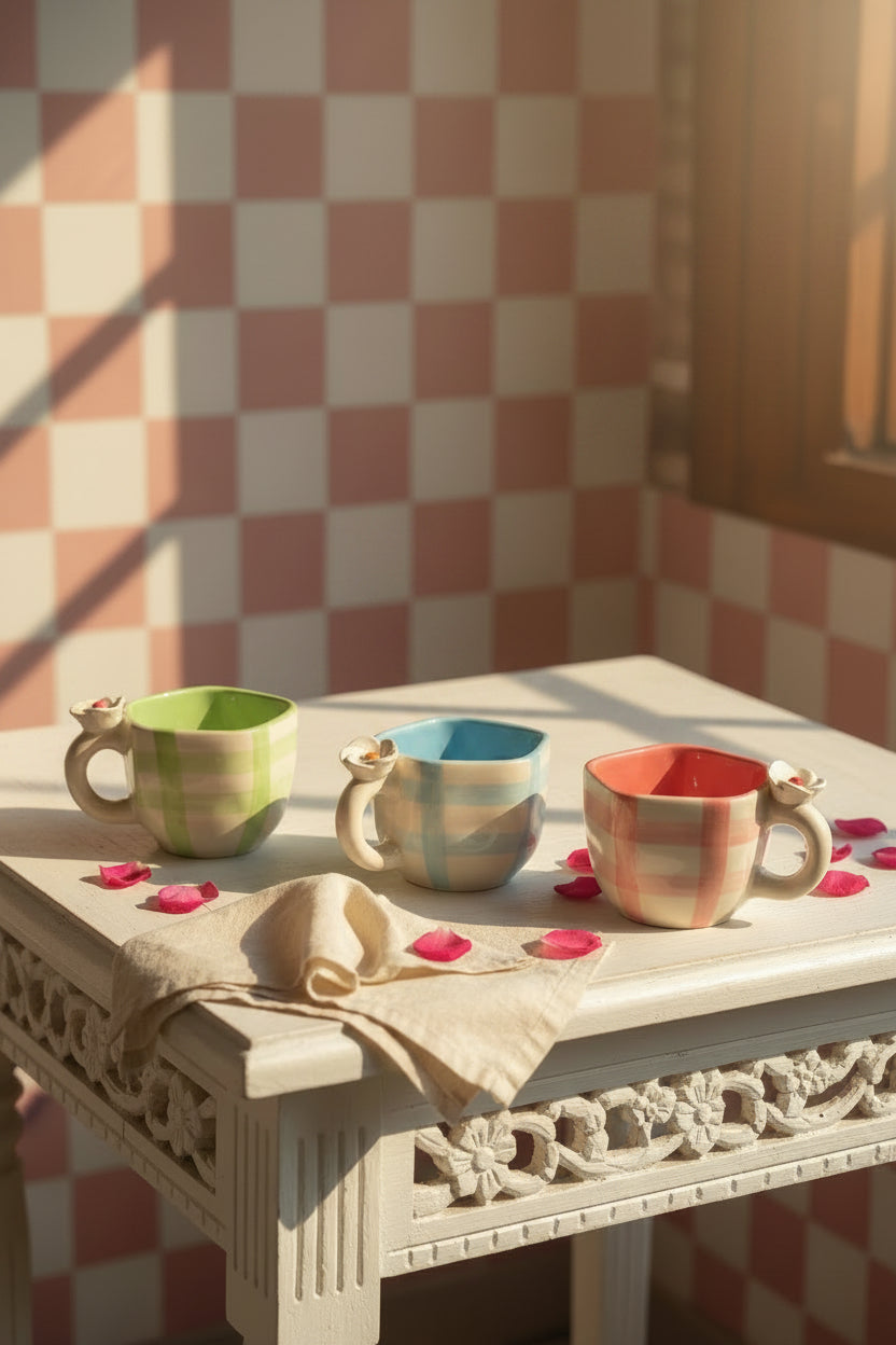 Blossom Checkered Floral Ceramic Mug – 220 mL