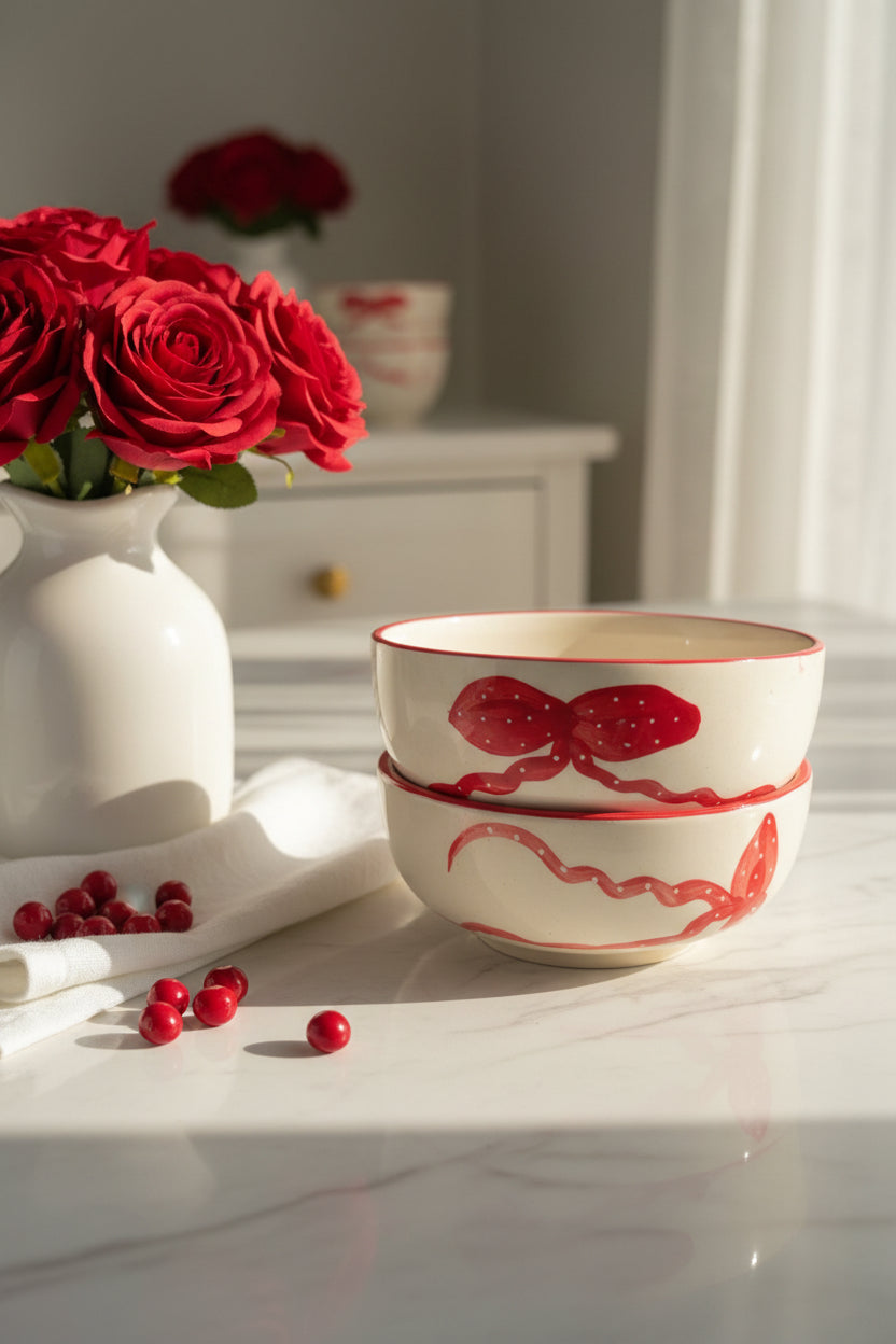 Ivory Bloom Red Bow Ceramic Bowl – 600 mL Set of 1