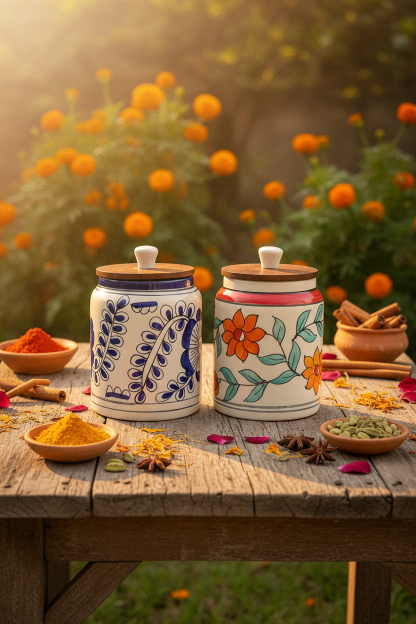 Premium Floral Ceramic Airtight Storage Jar – 900 mL | Wooden Airtight Lid | Handcrafted Kitchen Storage