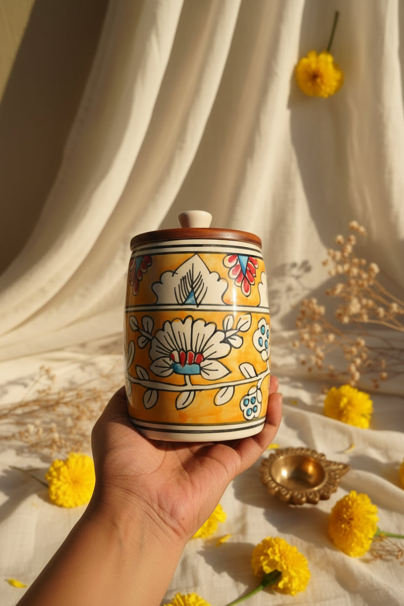 Premium Floral Ceramic Airtight Storage Jar – 900 mL | Wooden Airtight Lid | Handcrafted Kitchen Storage