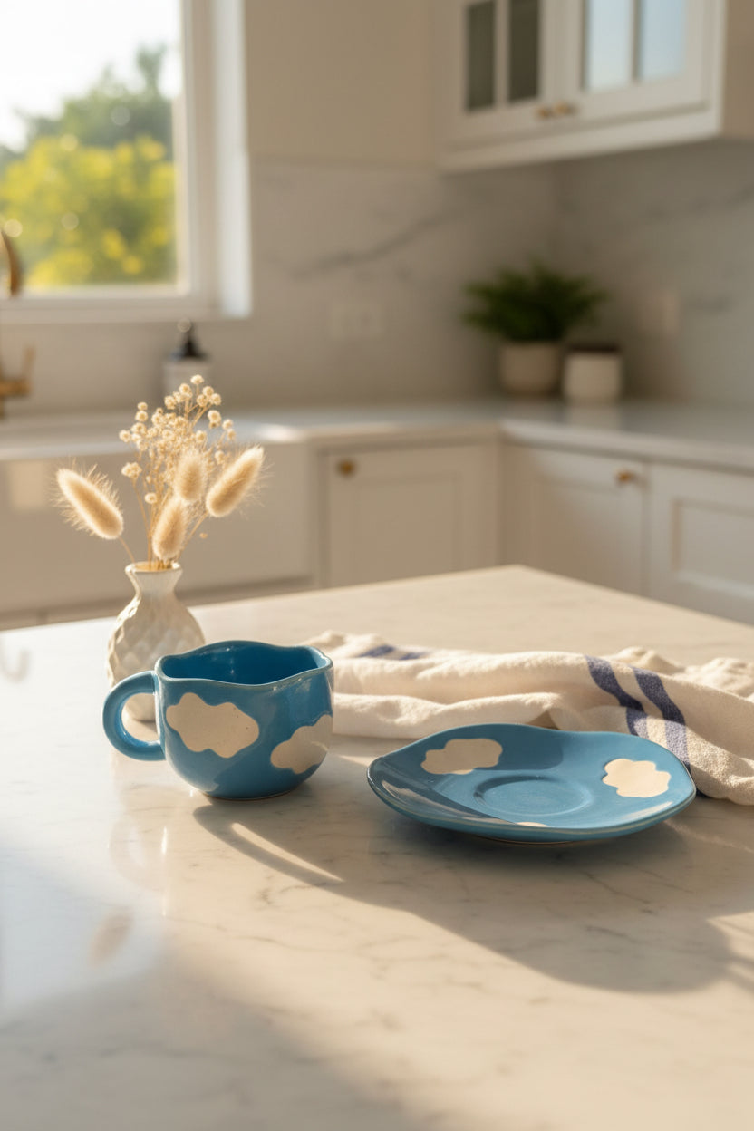 Cloud Dreams Ceramic Cup & Saucer Set – Handcrafted Sky Collection