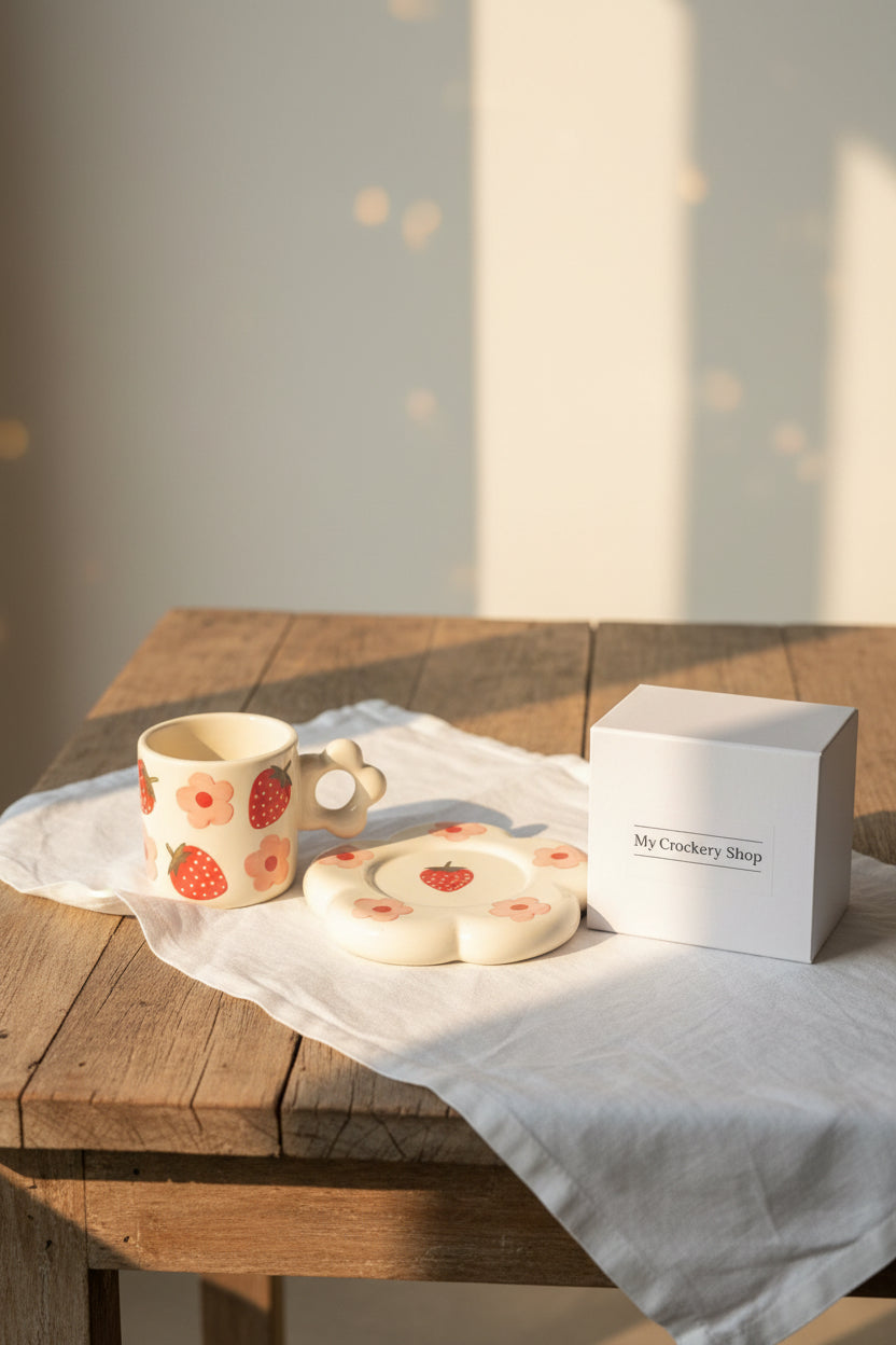 Bloom & Berry Ceramic Mug with Floral Saucer – 300 mL