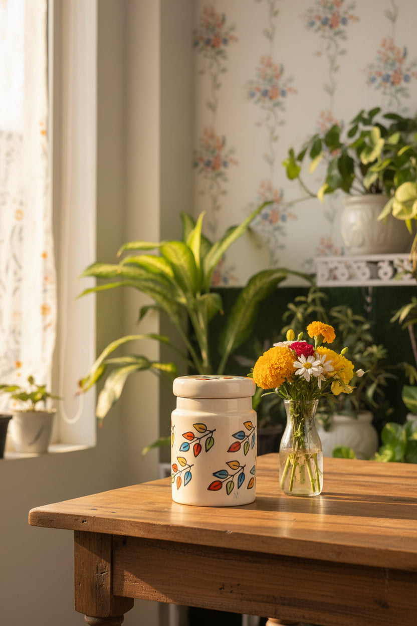 Hand-Painted Multi-Color Leaf Ceramic Jar with Lid (500mL) – Eco-Friendly Handcrafted Kitchen Storage Jar (5" x 4")