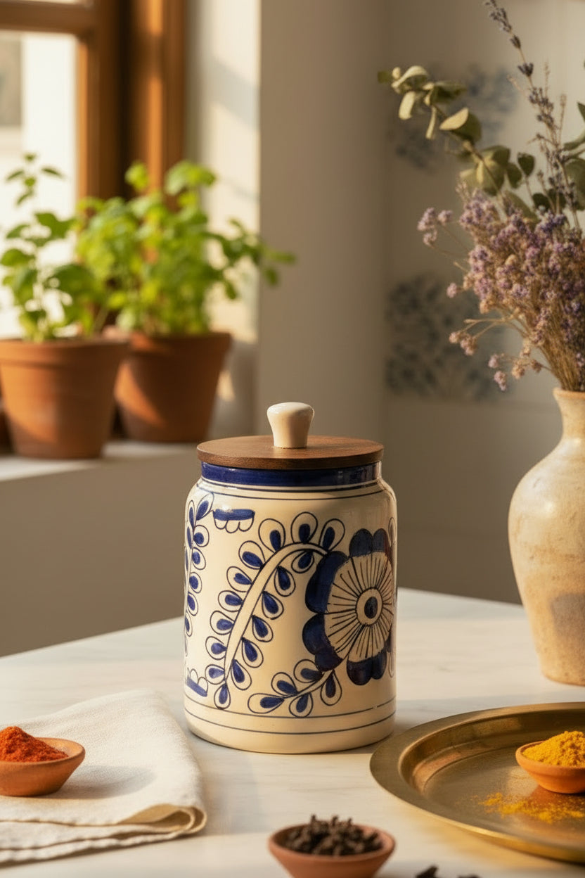 Premium Floral Ceramic Airtight Storage Jar – 900 mL | Wooden Airtight Lid | Handcrafted Kitchen Storage
