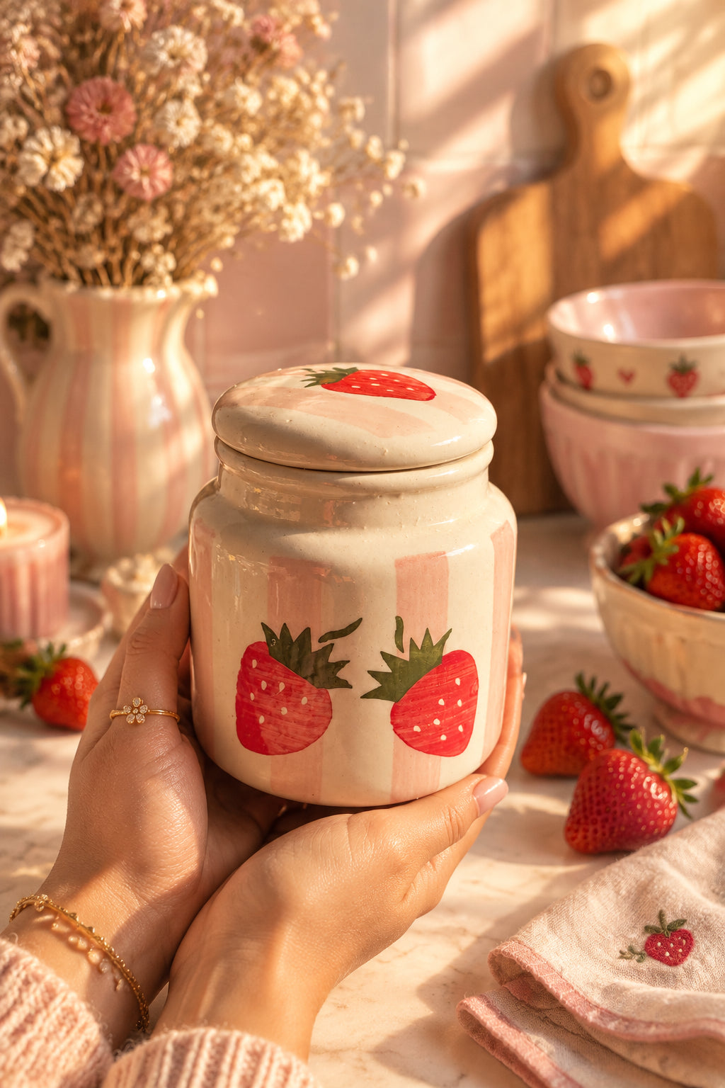 Strawberry Bliss Ceramic Jar – 500 mL (Set of 1)