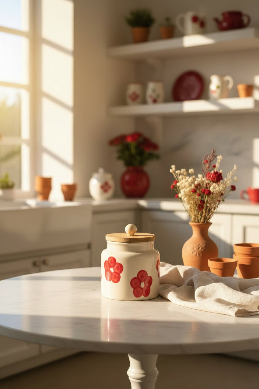 Handpainted Ceramic Airtight Storage Jar with Wooden Lid – 500 mL