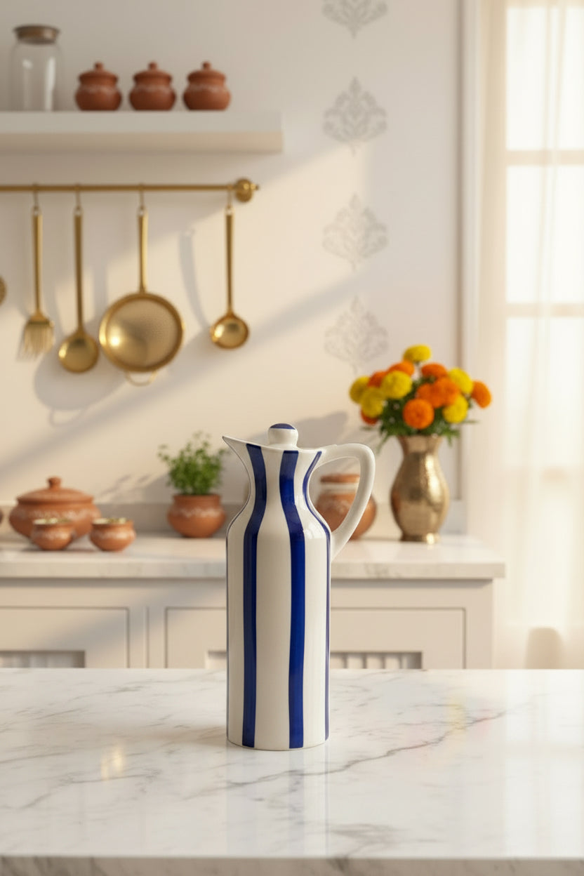 Blue Bloom Handcrafted Ceramic Oil Dispenser – 350 mL