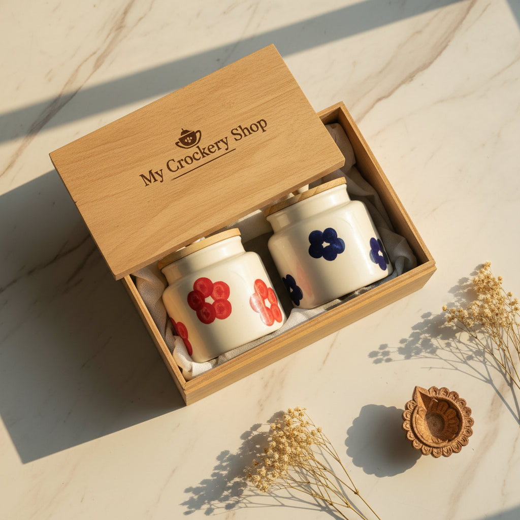 Handpainted Ceramic Airtight Storage Jar with Wooden Lid – 500 mL