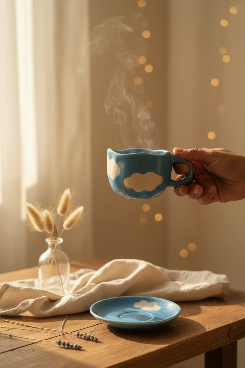 Cloud Dreams Ceramic Cup & Saucer Set – Handcrafted Sky Collection