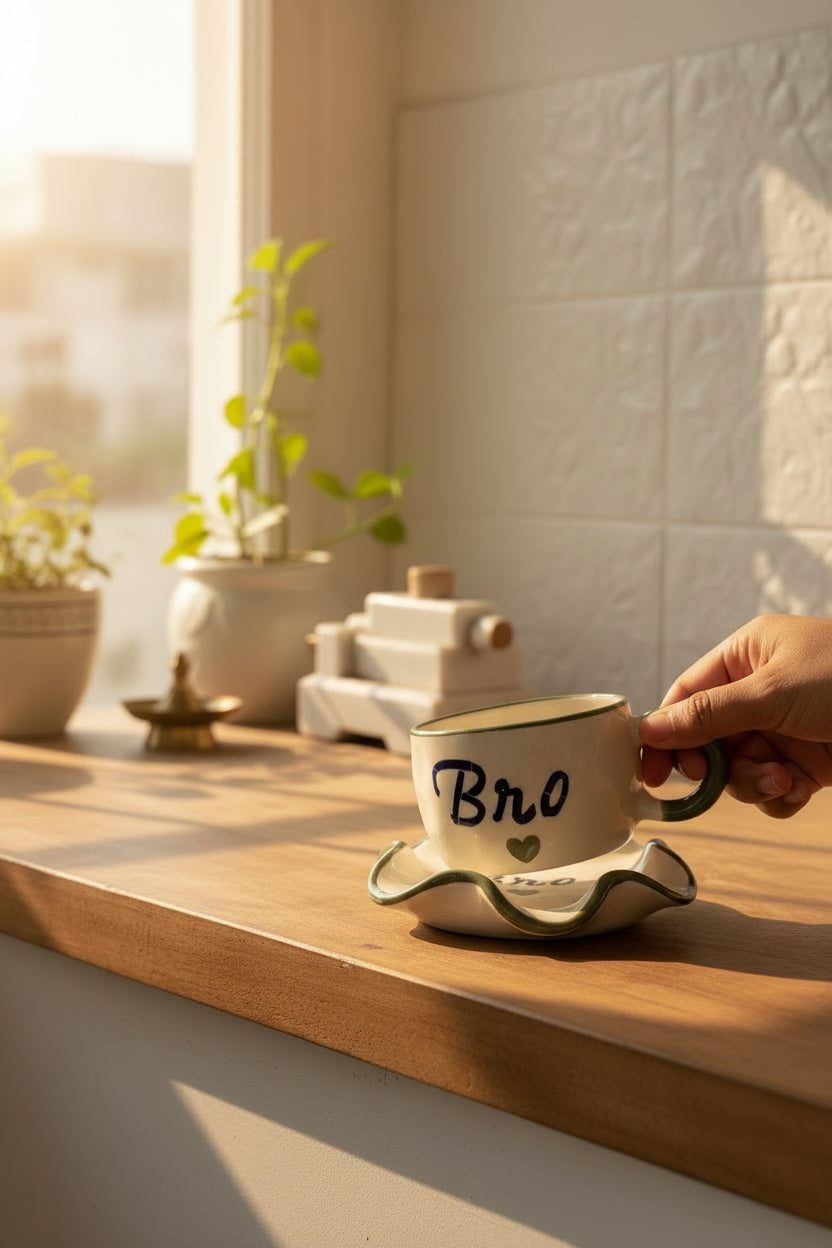 Bro & Sis Ceramic Mug & Saucer Set – Raksha Bandhan Gift Set | 220 mL | Microwave Safe