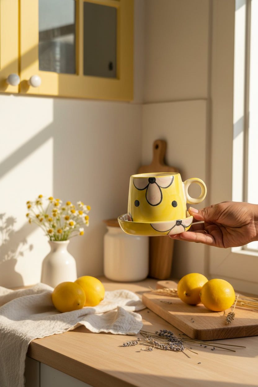 Sunny Blossom Ceramic Mug & Saucer Set – Handcrafted Floral Collection
