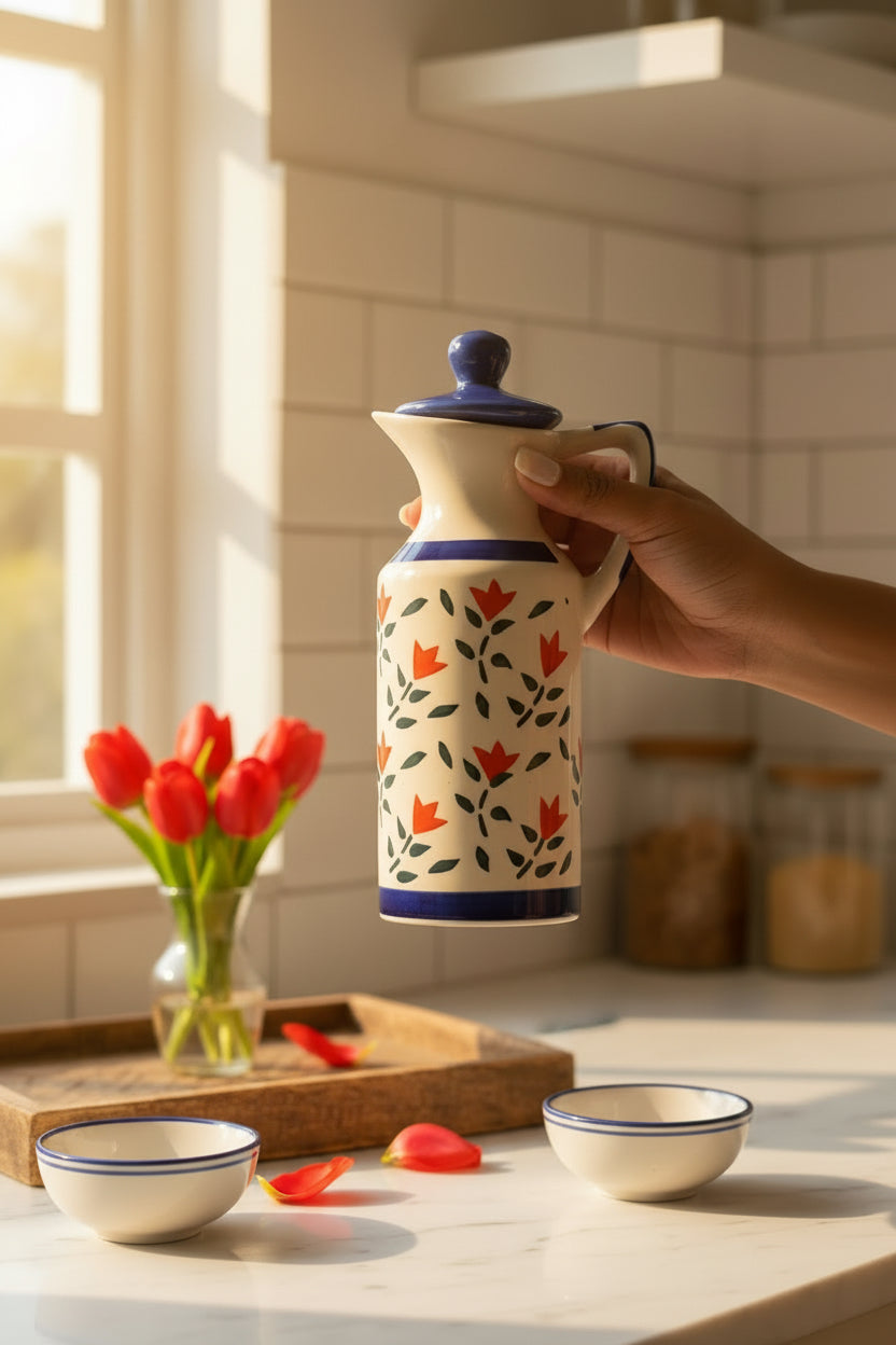 Evil Eye & Blue Floral Handcrafted Ceramic Oil Dispenser – 350 mL