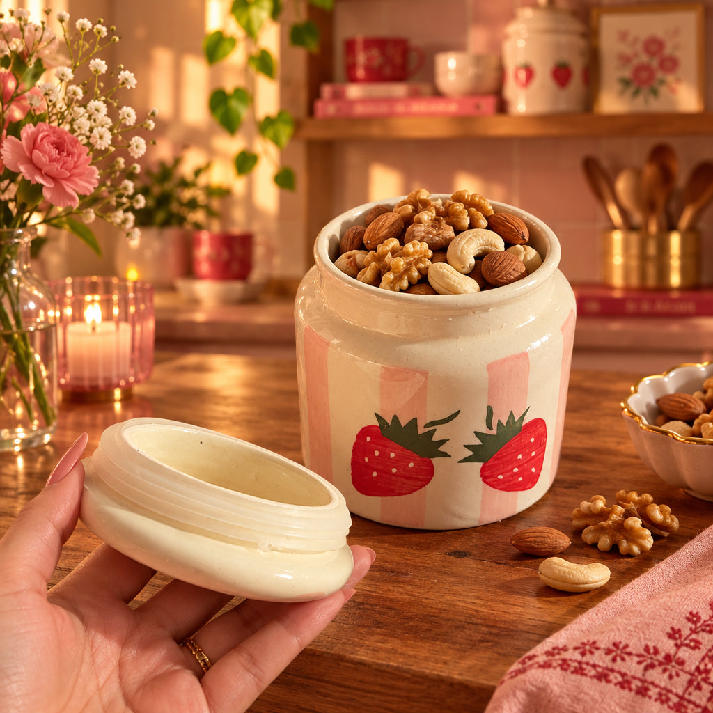 Strawberry Bliss Ceramic Jar – 500 mL (Set of 1)