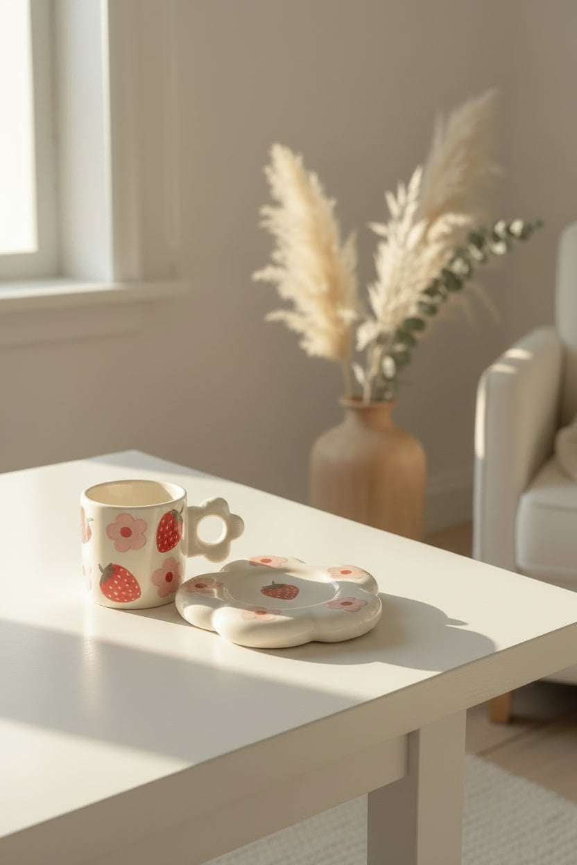 Bloom & Berry Ceramic Mug with Floral Saucer – 300 mL