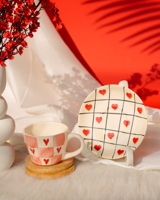 My Crockery Shop Handcrafted Ceramic Cup & Saucer Set – Love Grid Collection