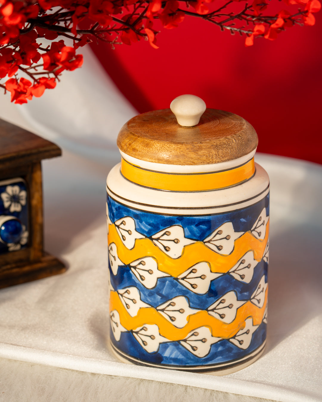My Crockery Shop Handcrafted Charm - Airtight Ceramic Jar with Wooden Lid