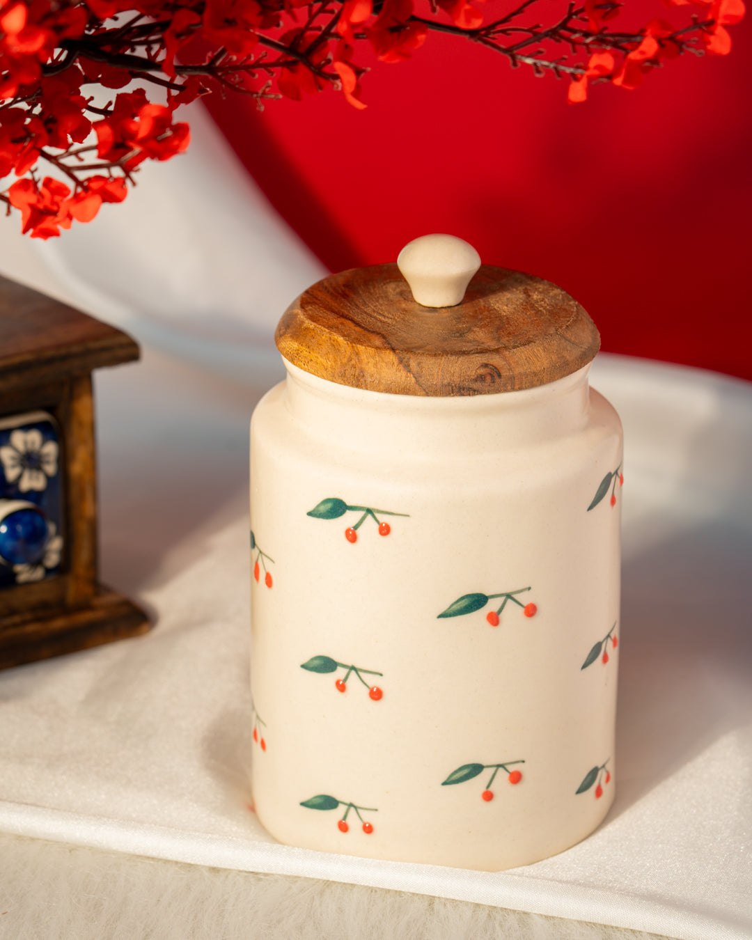 My Crockery Shop Handcrafted Charm - Airtight Ceramic Jar with Wooden Lid