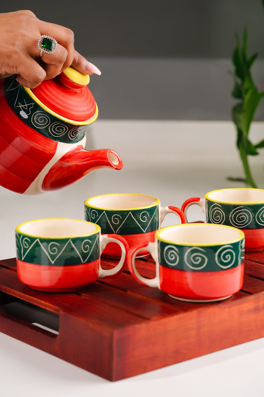 My Crockery Shop Hand-Painted Ceramic Tea Set – 4 Cups, Kettle & Wooden Tray