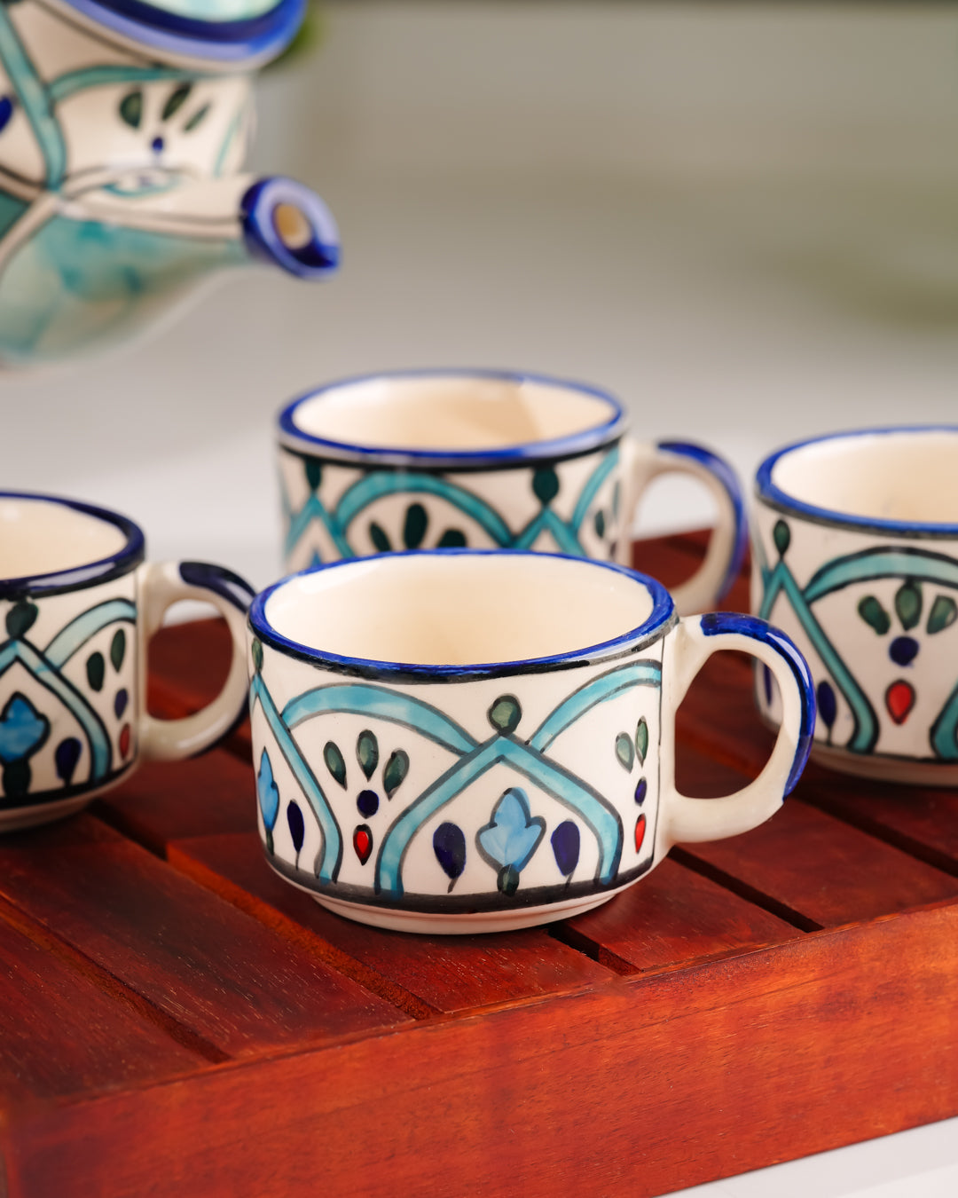 My Crockery Shop Hand-Painted Ceramic Tea Set – 4 Cups, Kettle & Wooden Tray