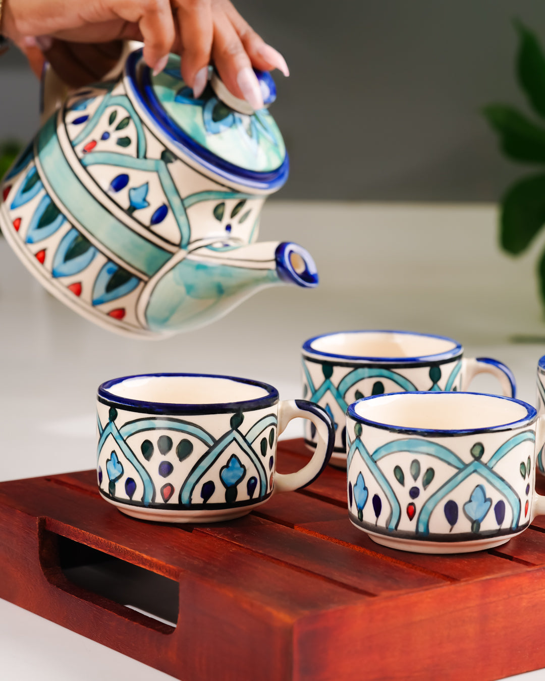 My Crockery Shop Hand-Painted Ceramic Tea Set – 4 Cups, Kettle & Wooden Tray