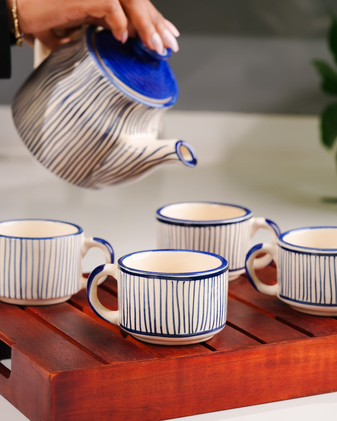 My Crockery Shop Hand-Painted Ceramic Tea Set – 4 Cups, Kettle & Wooden Tray