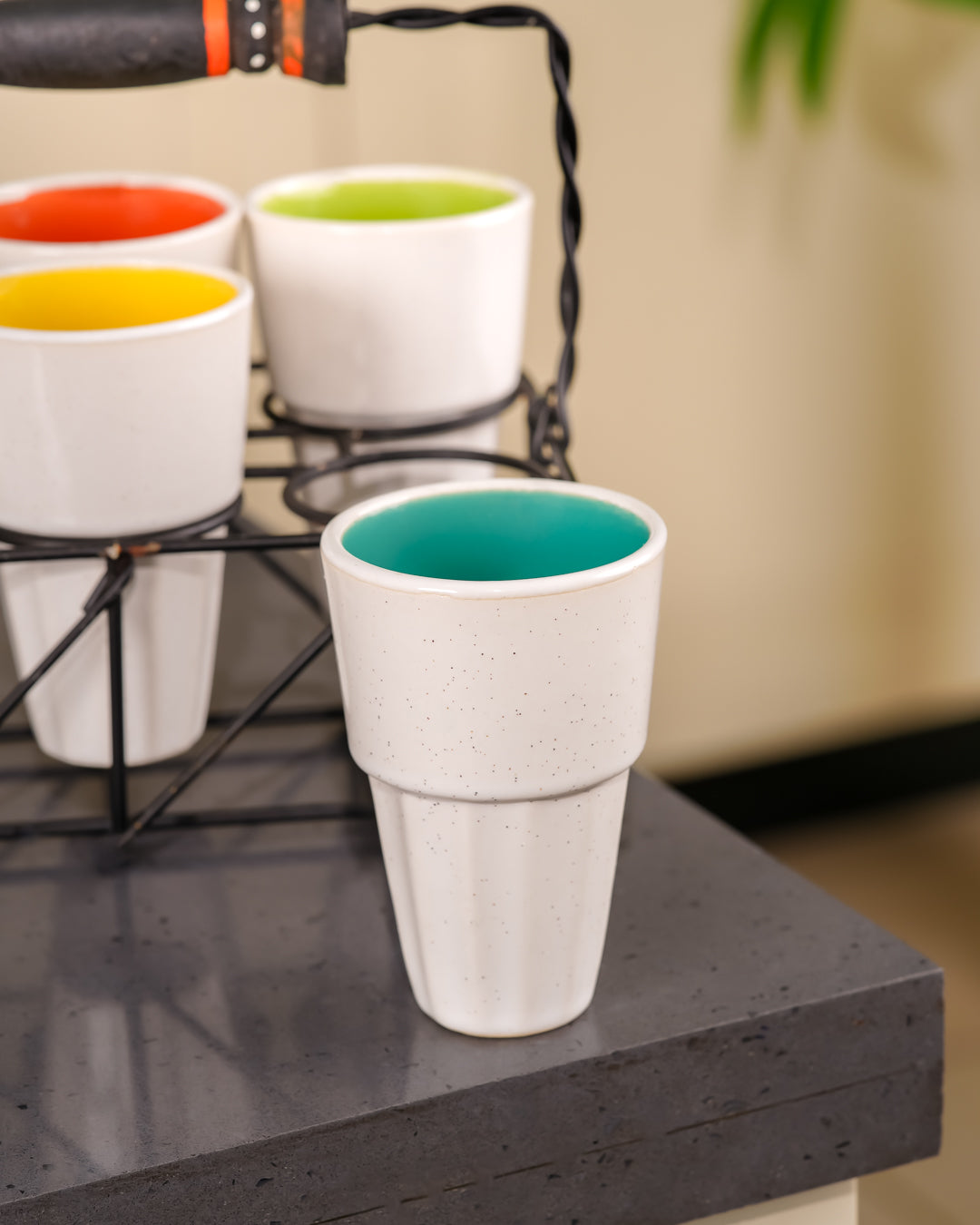 Heart & Homes Heritage Mitti Rang Ceramic Chai Glass Set with Wooden Holder – 7-Piece Set