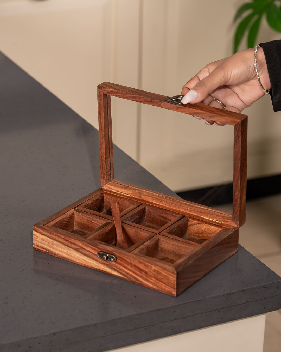 Heart & Homes Handcrafted Wood Spice Box – 6-Compartment Masala Organizer with Glass Lid