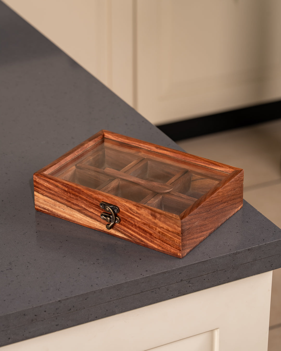 Heart & Homes Handcrafted Wood Spice Box – 6-Compartment Masala Organizer with Glass Lid