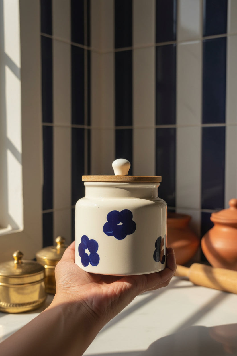 Handpainted Ceramic Airtight Storage Jar with Wooden Lid – 500 mL