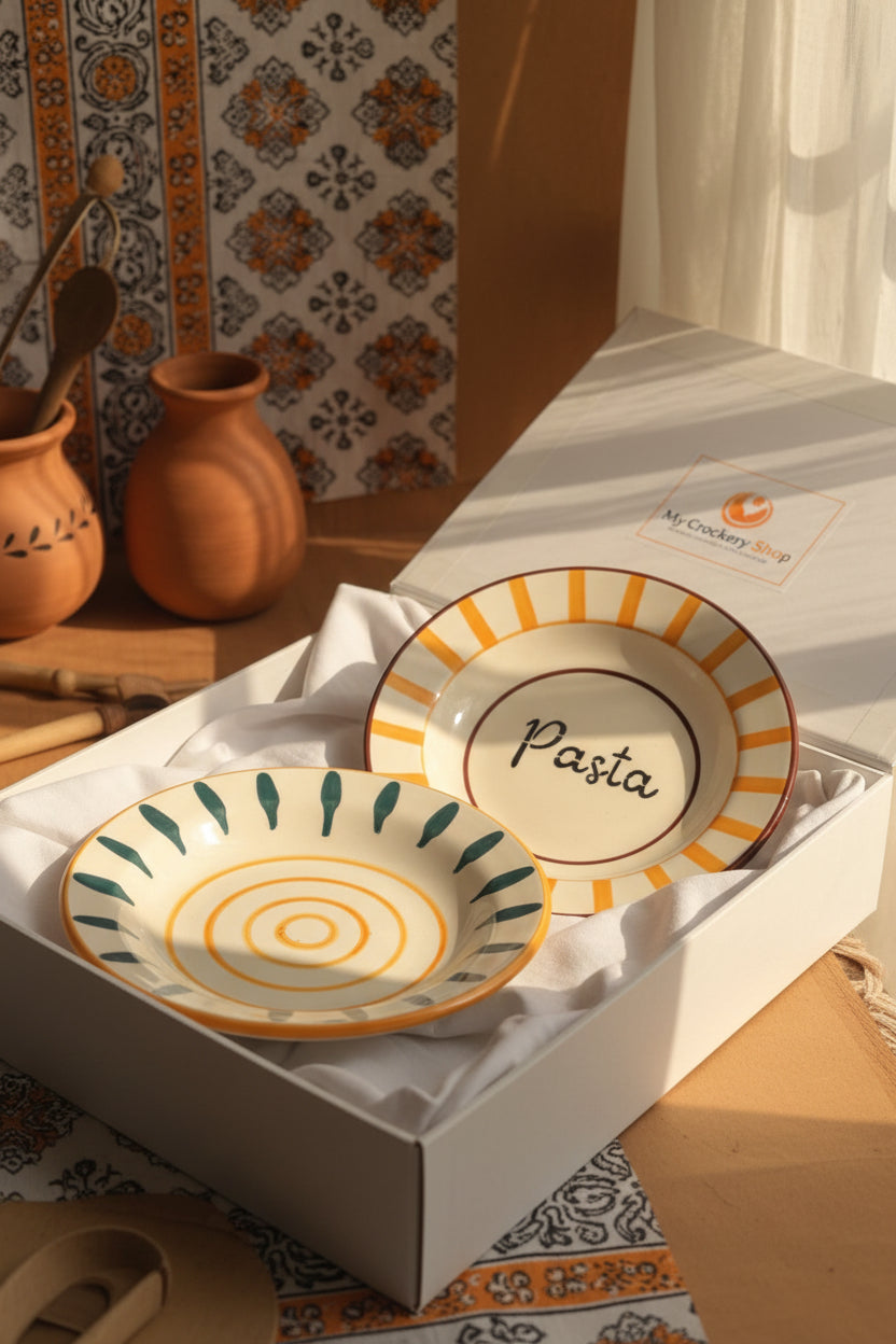 Pasta Bistro Ceramic Pasta Plate – Orange & Yellow Stripes | 8 Inch