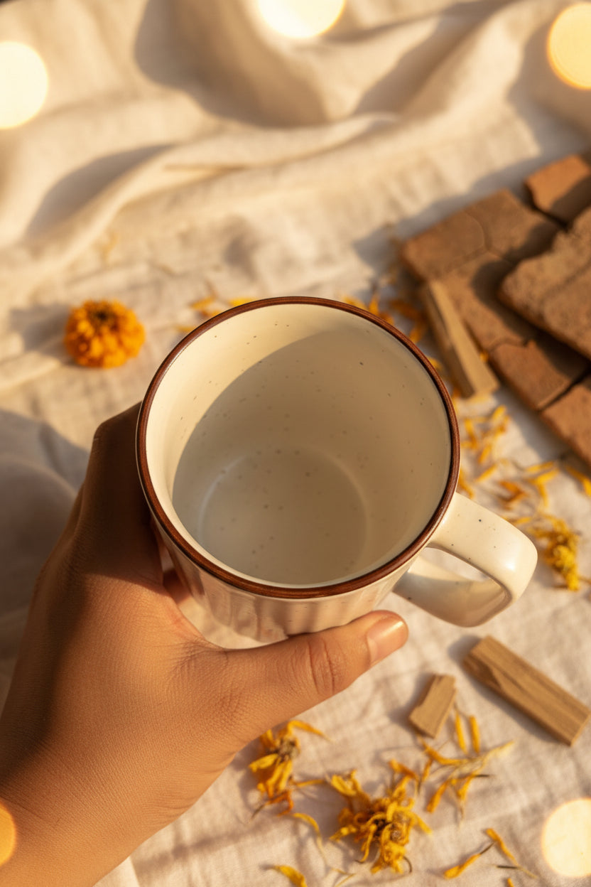 Rustic Stripe Ceramic Mug – 300 and 180  mL | White & Brown | My Crockery Shop ( set of two )
