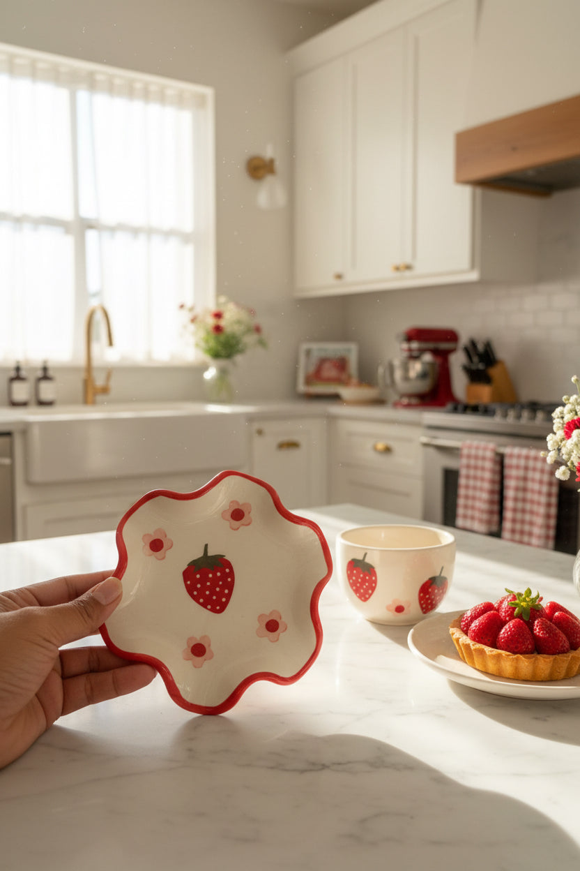Strawberry Bliss Ceramic Cup & Spiral Saucer Set – Handcrafted Collection