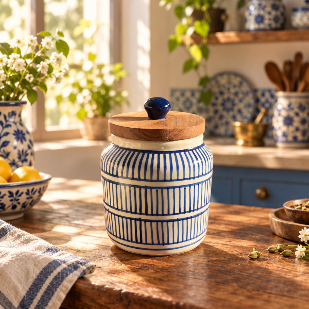 Blue Stripe Ceramic Jar with Wooden Lid – 500 mL 💙(Set of 1)