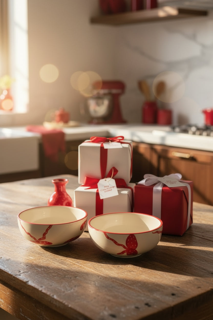 Ivory Bloom Red Bow Ceramic Bowl – 600 mL Set of 1