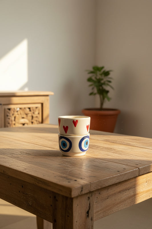💚 Heart & Evil Eye Round Ceramic Dip Bowls (Set of 1)