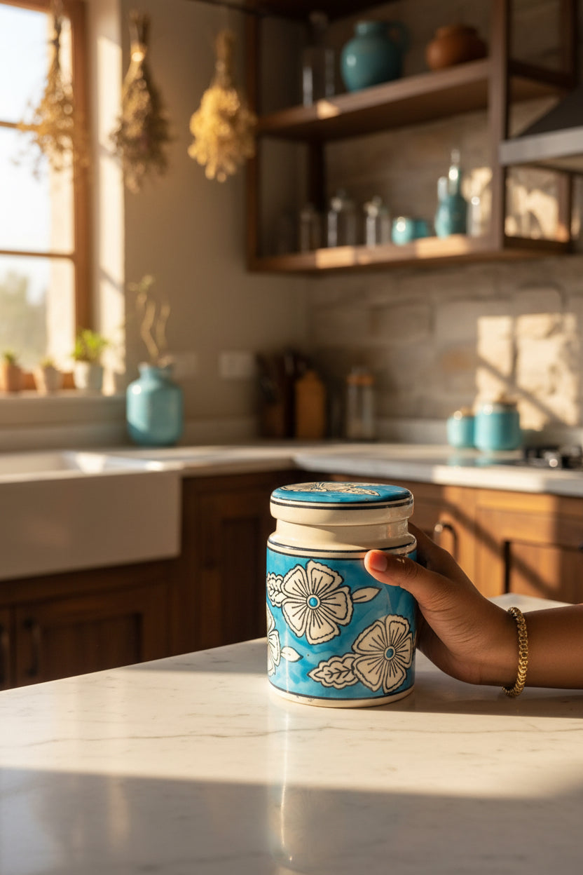 Blue & White Floral Ceramic Jar Set (500mL & 300mL) – Eco-Friendly Non-Airtight Decorative Canister Set with Lids for Kitchen, Dining, and Home Decor